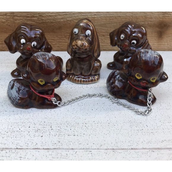 5 Vtg Japan Brown Dogs On Chain Ceramic Figurine Set Redware Pottery MCM 60s - Picture 1 of 6